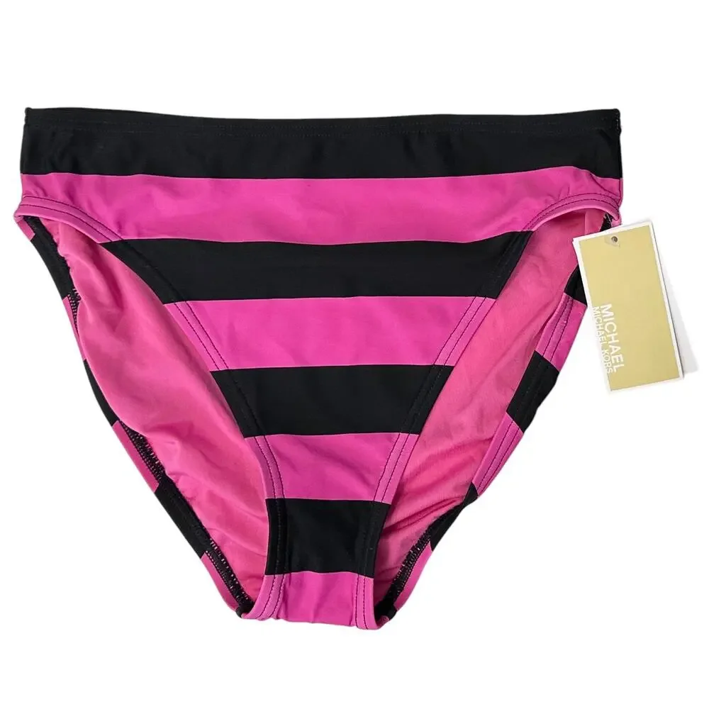 NWT Michael Kors High-Waisted Striped Bikini Bottom Pink Black Size M